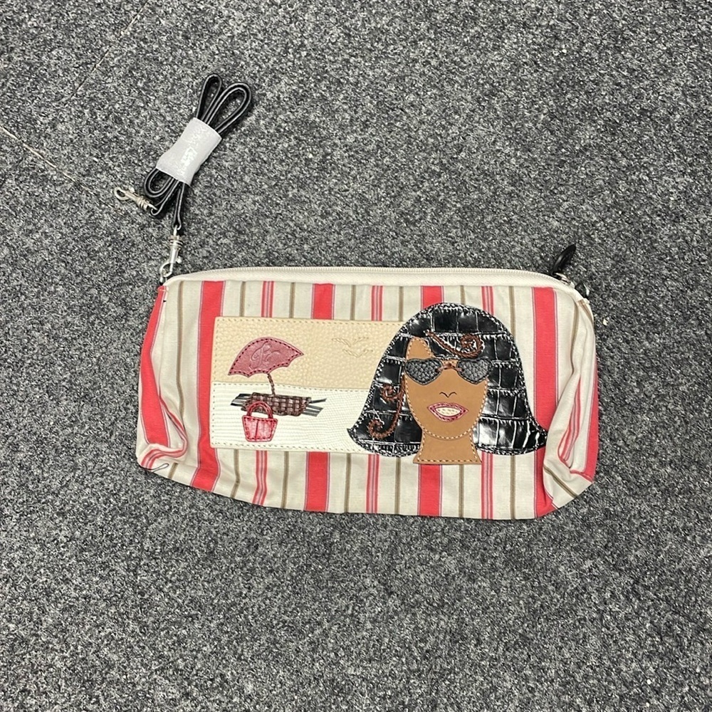 Brighton Striped Print Beach Scene Small Canvas Leather Bag NEW Cosmetic Travel